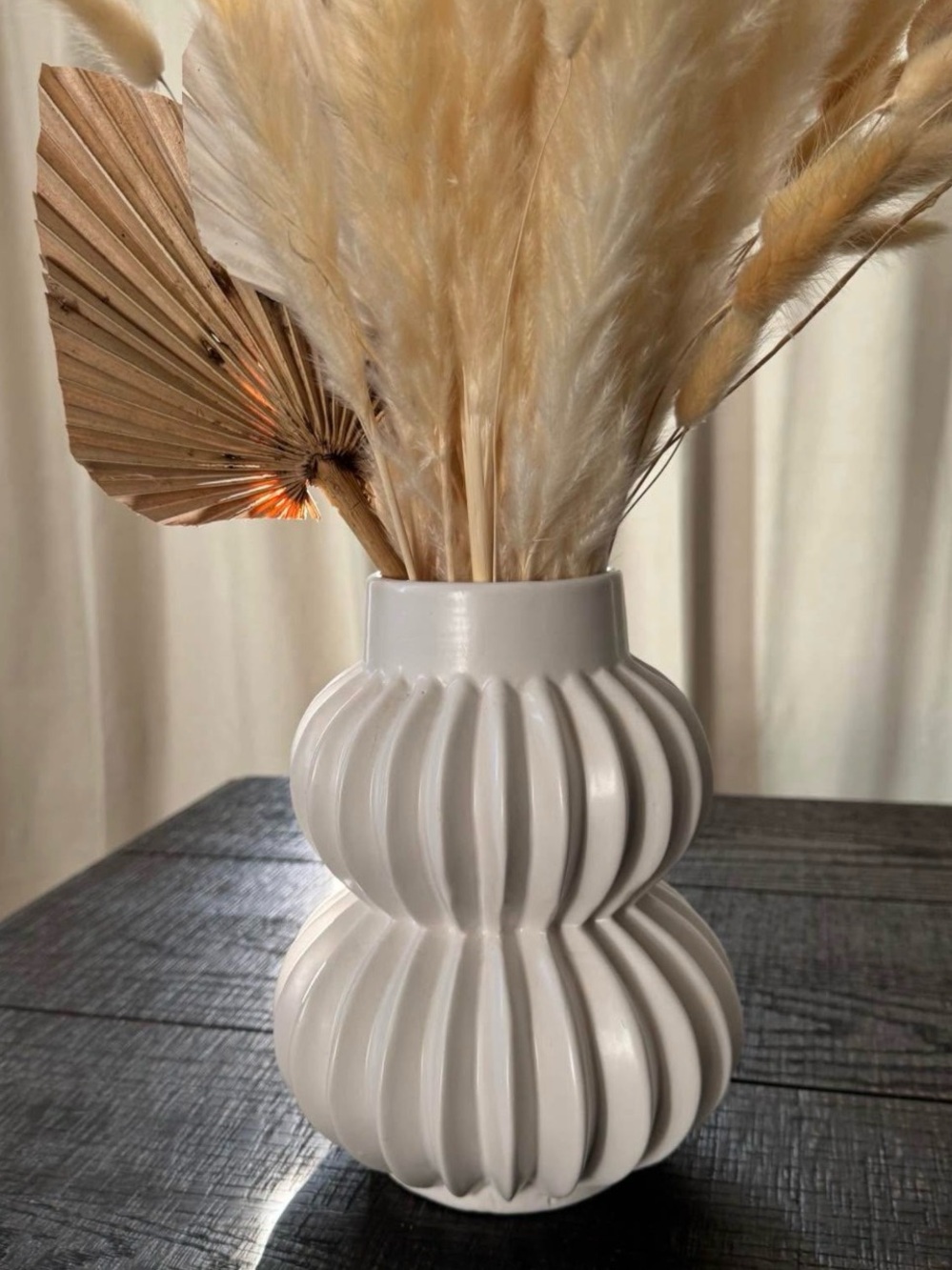 Neutral Ceramic Ribbed Double-Gourd Vase - White